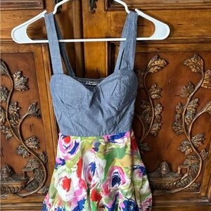 Janette denim bodice, floral bubble hem mini dress size small Y2K Boho